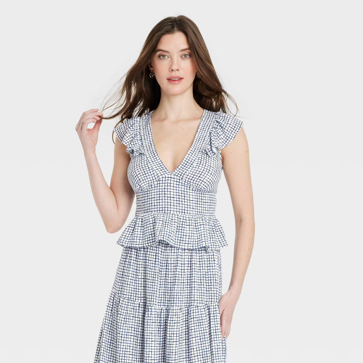 Women's Flutter Sleeve Blouse - Universal Thread™ Blue Gingham XXL | Target