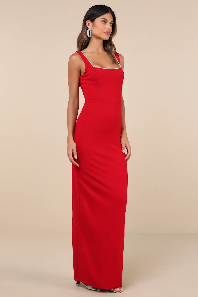Timeless Poise Red Rhinestone Square Neck Backless Maxi Dress | Lulus