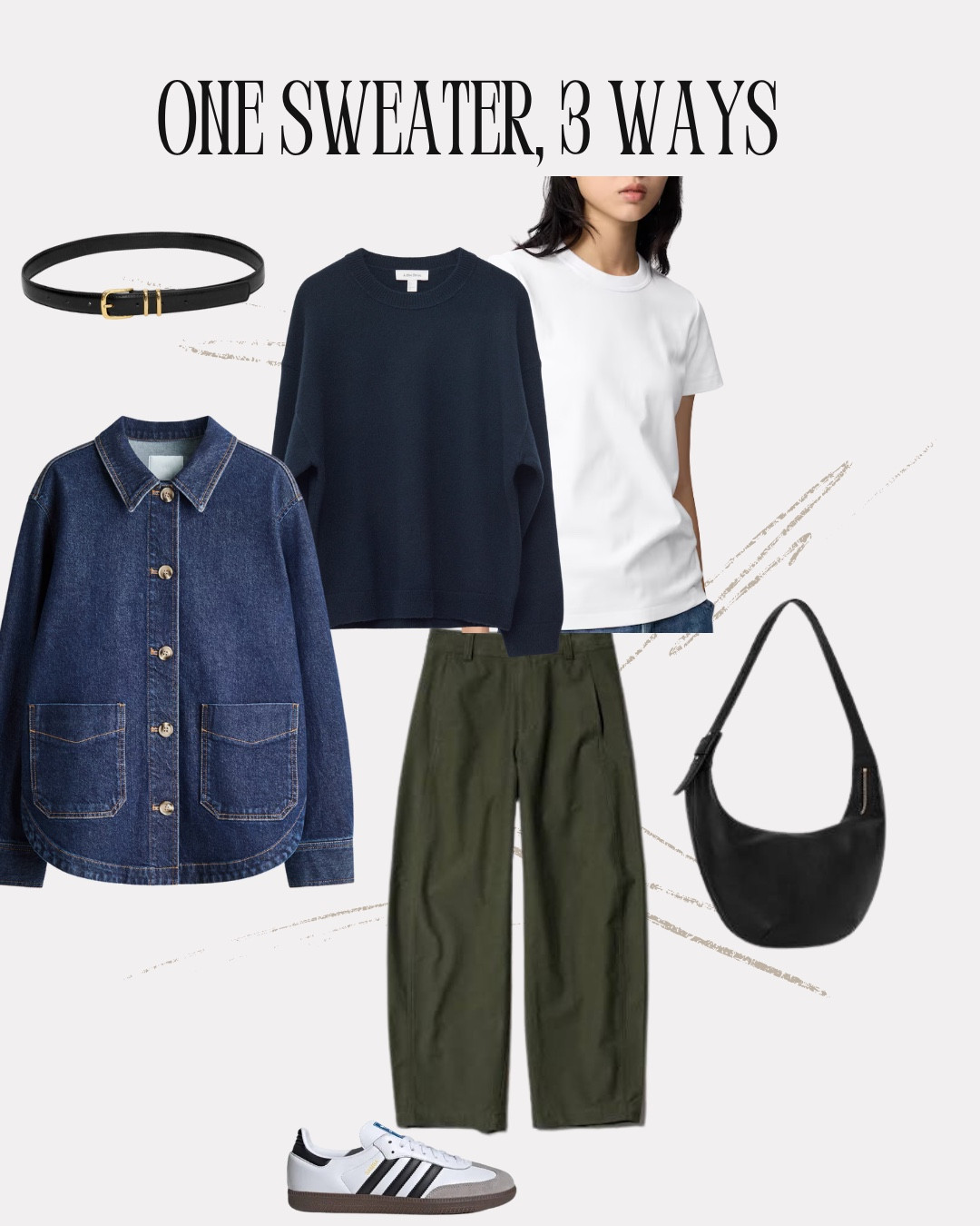 1 sweater styled 3 ways!

Casual outfits, denim jacket, barrel jeans, navy sweater, trench coat, suede jacket, loafers 