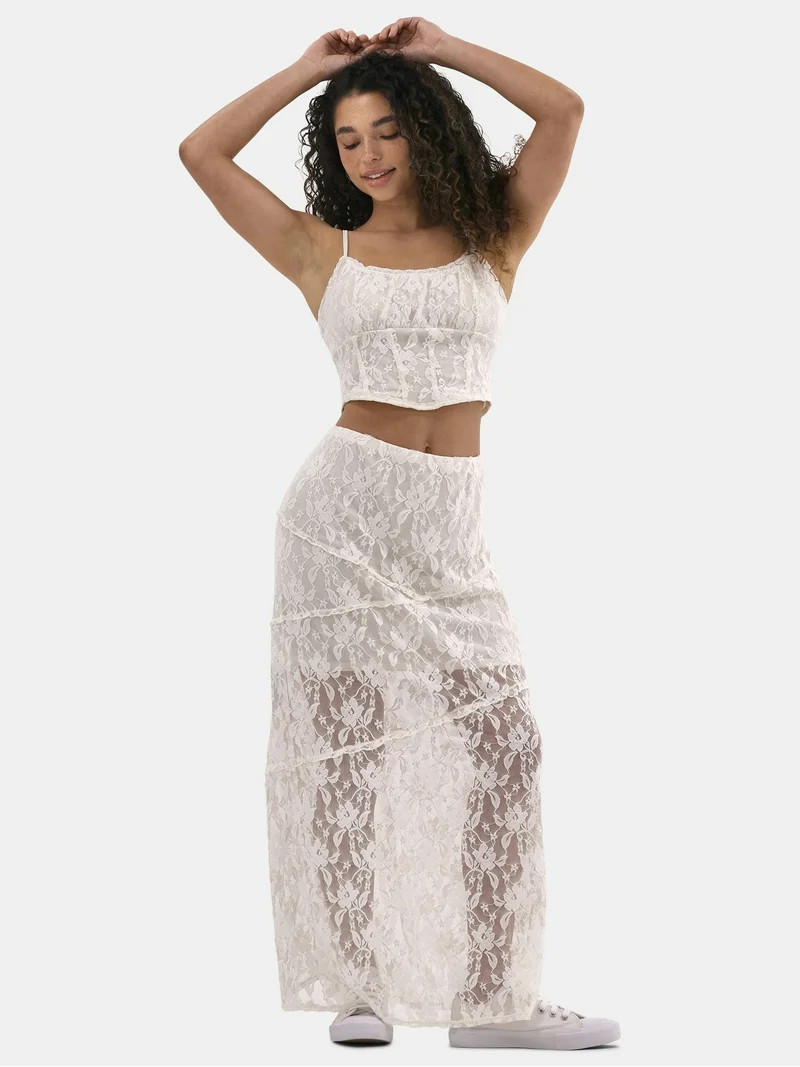 No Boundaries Lace Corset Top and Maxi Skirt Set, 2-Piece, Women's | Walmart (US)