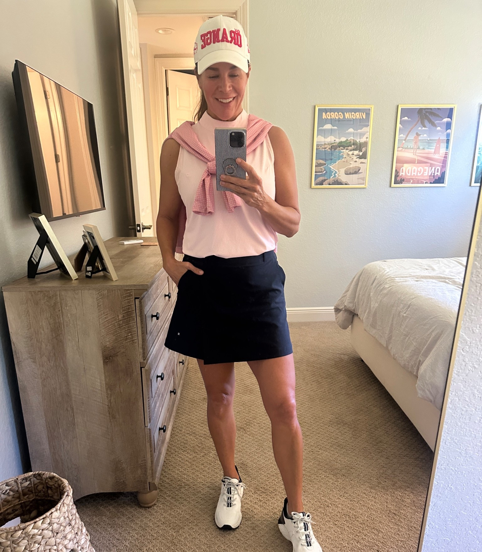 Golf clothes have become my new personality! Here are some of my recent faves… skirts and sleeveless tops. I wear a medium in tops and Small in bottoms. 