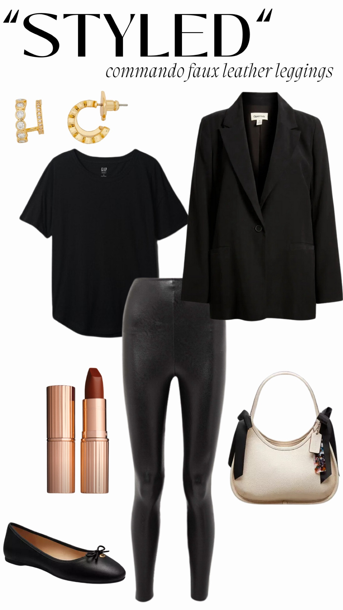 “Styled”
Commando Faux Leather Leggings

Oversized Black Tee: GAP
Black Blazer: Open Edit
Bag & Black Flats: Coach
Lip: Charlotte Tilbury (so 90s)
Earring: Kate Spade

#LTKstyletip #LTKSeasonal #LTKshoecrush