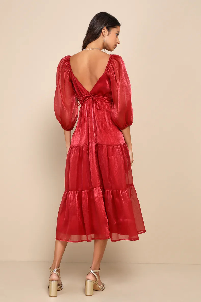 Romantic Appearance Wine Red Organza Tiered Midi Dress | Lulus (US)