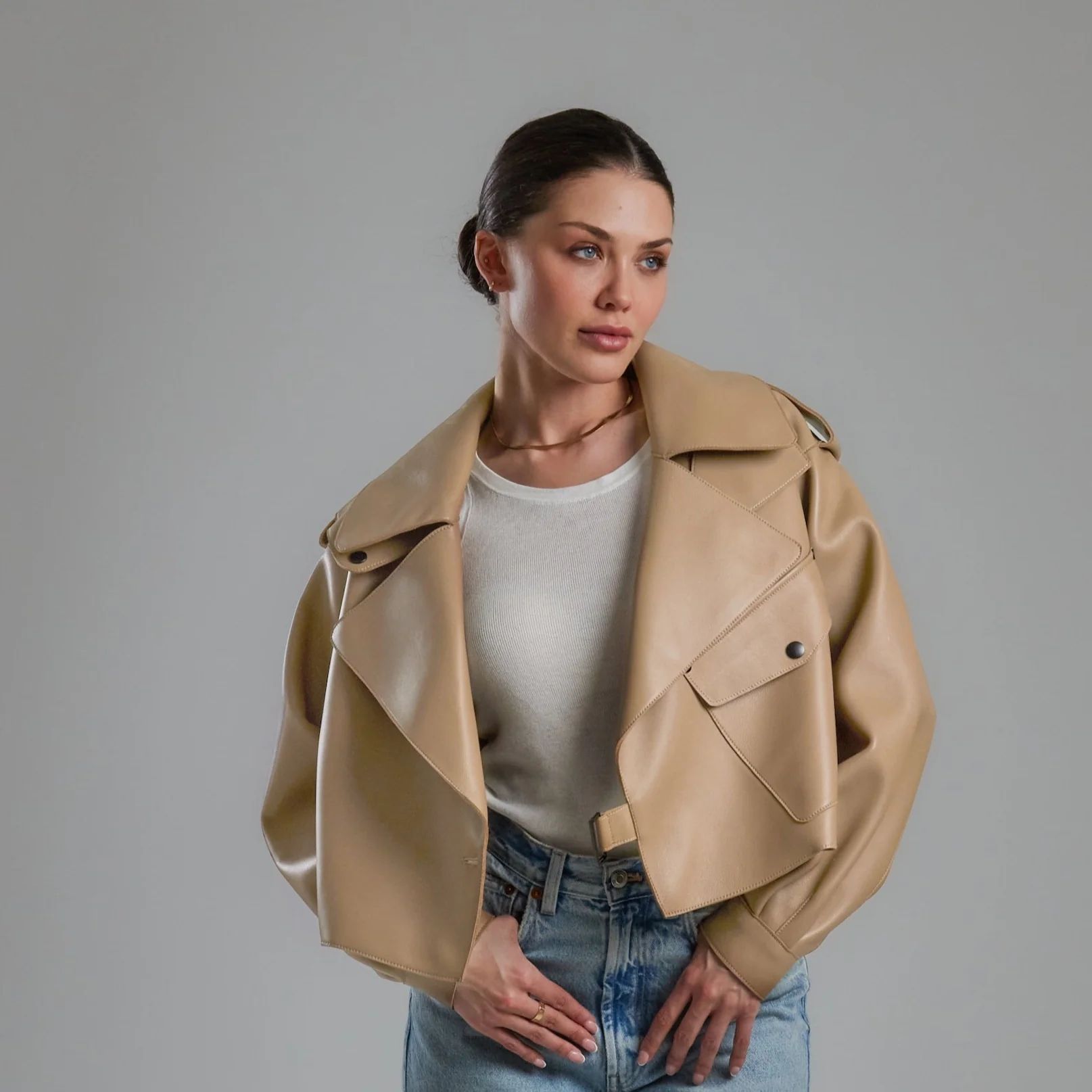 Classic Nude Oversized Leather Jacket | Jane and Tash Bespoke