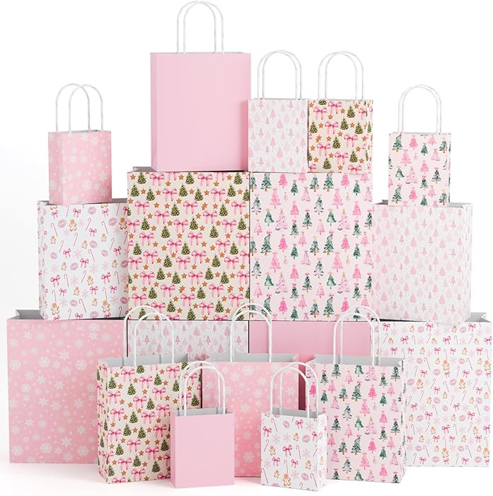 Trandraft 18 Pcs Pastel Pink Christmas Kraft Gift Bags with Handles Assorted Sizes Christmas Gift... | Amazon (US)