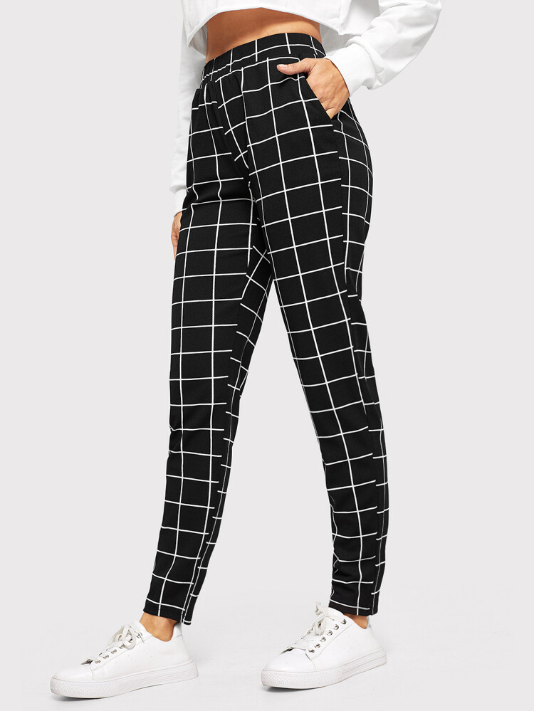 SHEIN Elastic Waist Slant Pocket Grid Pants | SHEIN