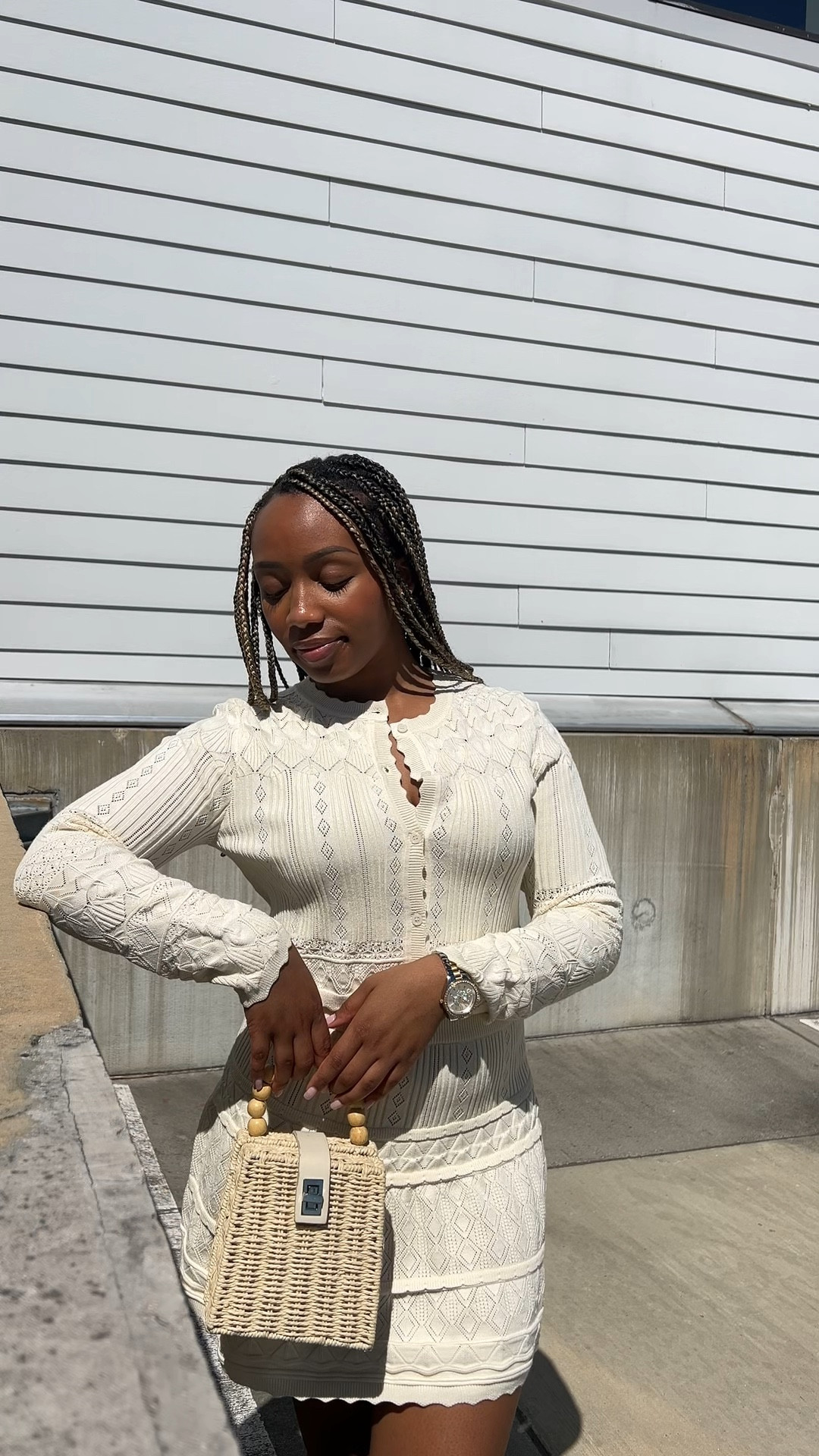 Day 7🤍 ootd
Set & bag: Marshall’s 

Cream crotchet knit mini skirt, long sleeve button up cardigan, spring outfit inspo