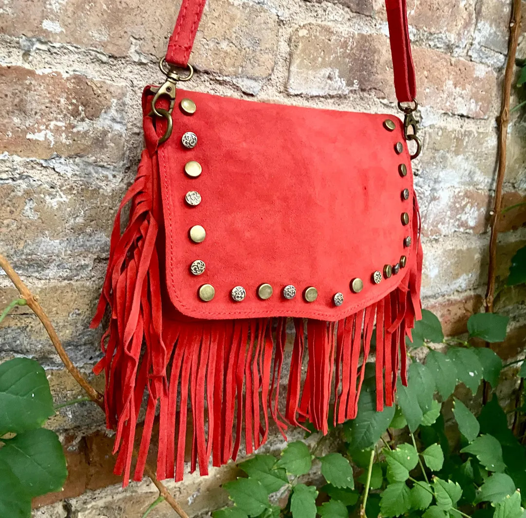 Red Crossbody Fringed Bag With Tacks. BOHO Suede Leather Bag With FRINGES. Red Genuine Suede Leat... | Etsy (US)