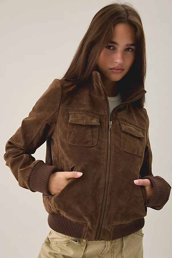 BDG Romy Faux Suede Bomber Jacket in Brown, Women's at Urban Outfitters | Urban Outfitters (US and RoW)