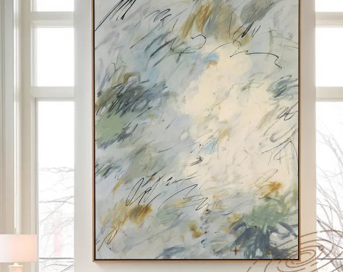 Large Green & Blue Abstract Painting, Handmade Minimalist Wall Art - Etsy | Etsy (US)