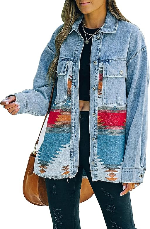 Lumister Women's Aztec Denim Jacket Distressed Lapel Long Sleeve Vintage Button Down Denim Jacket... | Amazon (US)
