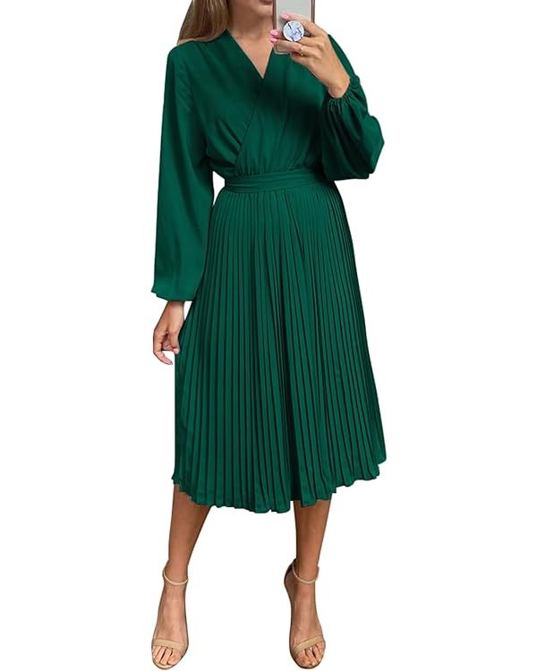 PRETTYGARDEN Women's Fall Midi Dress Long Puff Sleeve Wrap V Neck Flowy Ruffle Pleated Casual Dre... | Amazon (US)