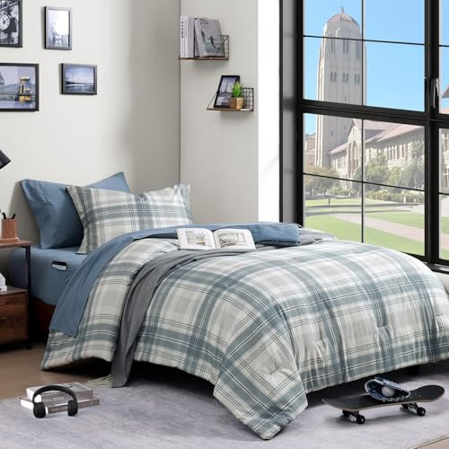AMBERSPACE Twin XL Comforter Set, Blue Grey Plaid Bedding Set 5 Piece for Boys Girls Teen, Classic Homestead-Style Kids Comforter Set Bed in A Bag with Sheets, Pillowcase & Sham | Amazon (US)