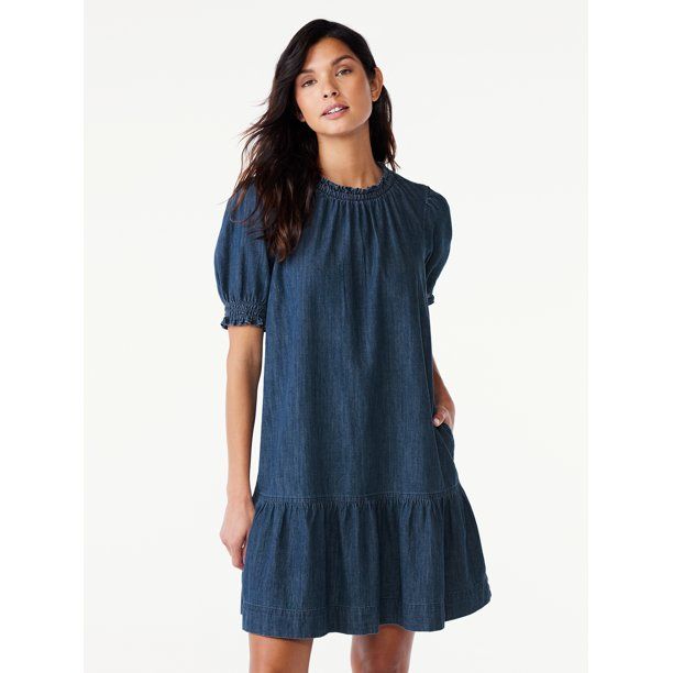 Free Assembly Women's Ruffle Neck Denim Mini Dress with Short Sleeves, Sizes XS-XXL | Walmart (US)