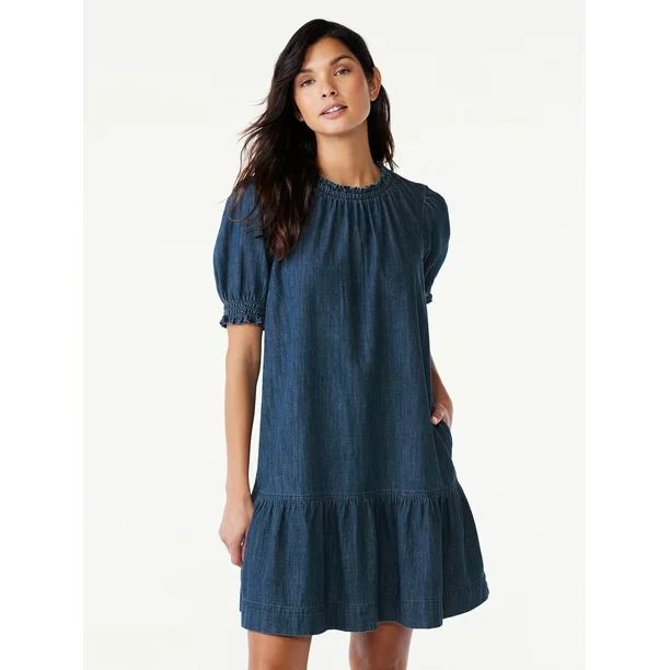 Free Assembly Women's Ruffle Neck Denim Mini Dress with Short Sleeves, Sizes XS-XXL - Walmart.com | Walmart (US)