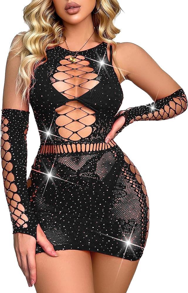 Avidlove Fishnet Lingerie Womens Mesh Chemise One Piece Babydoll Mini Dress Lace Sparkle Rhinesto... | Amazon (US)