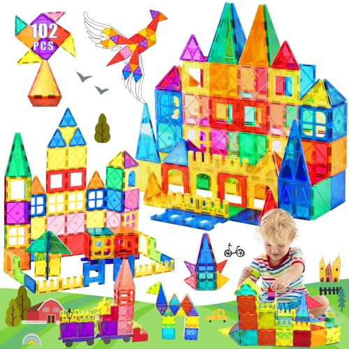 DMOIU 102 Pcs Magnetic Tiles Kids Toys(Includes 2 Cars) STEM Toys for Toddler Magnetic Building Blocks Toy Preschool Must Haves Toy for 3+ Year Old Boys and Girls, Safe Material with Strong Magnetism | Amazon (US)