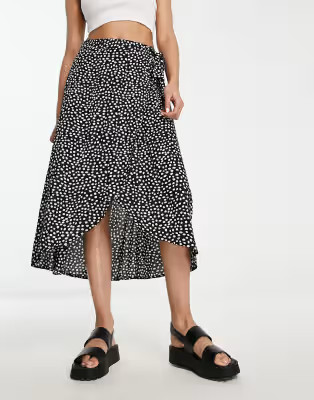 Pieces wrap midi skirt in black & white spot | ASOS (Global)