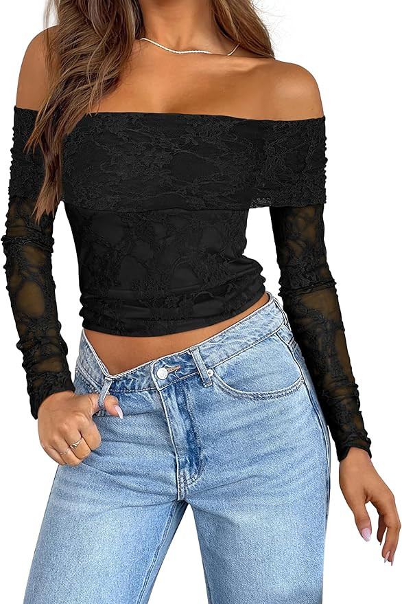 ANRABESS Womens Mesh Long Sleeve Tops Off Shoulder Floral Lace Sheer Shirts Slim Fit Going Out Bl... | Amazon (US)