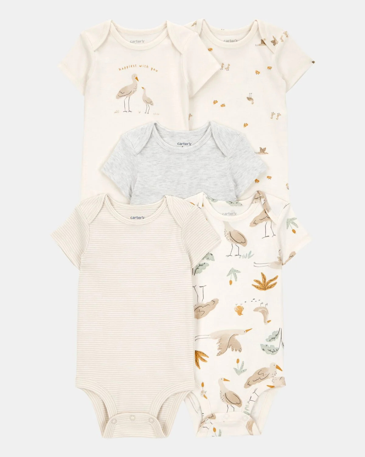 Baby 5-Pack Striped Birds Short-Sleeve Cotton Bodysuits - Ivory | Carter's Inc