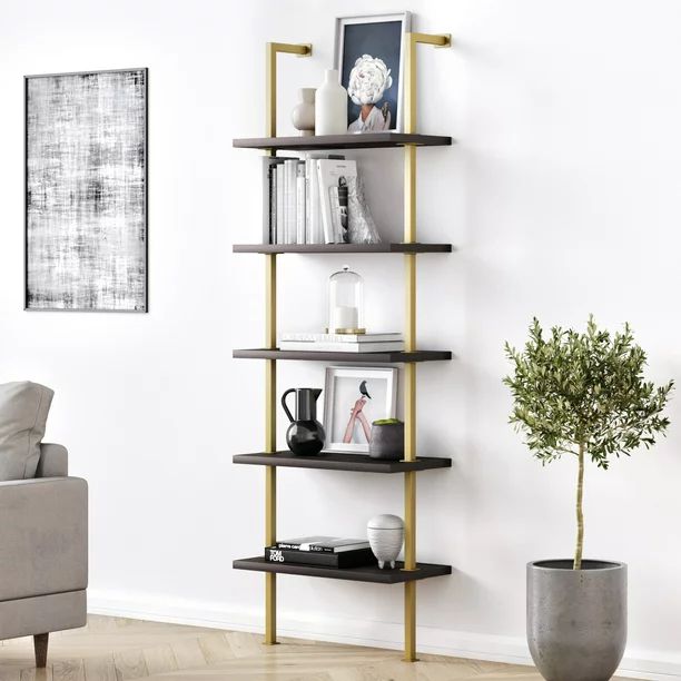 Nathan James Theo Industrial 5-Shelf Gold Ladder Bookcase with Dark Oak Open Shelves and Brass Me... | Walmart (US)