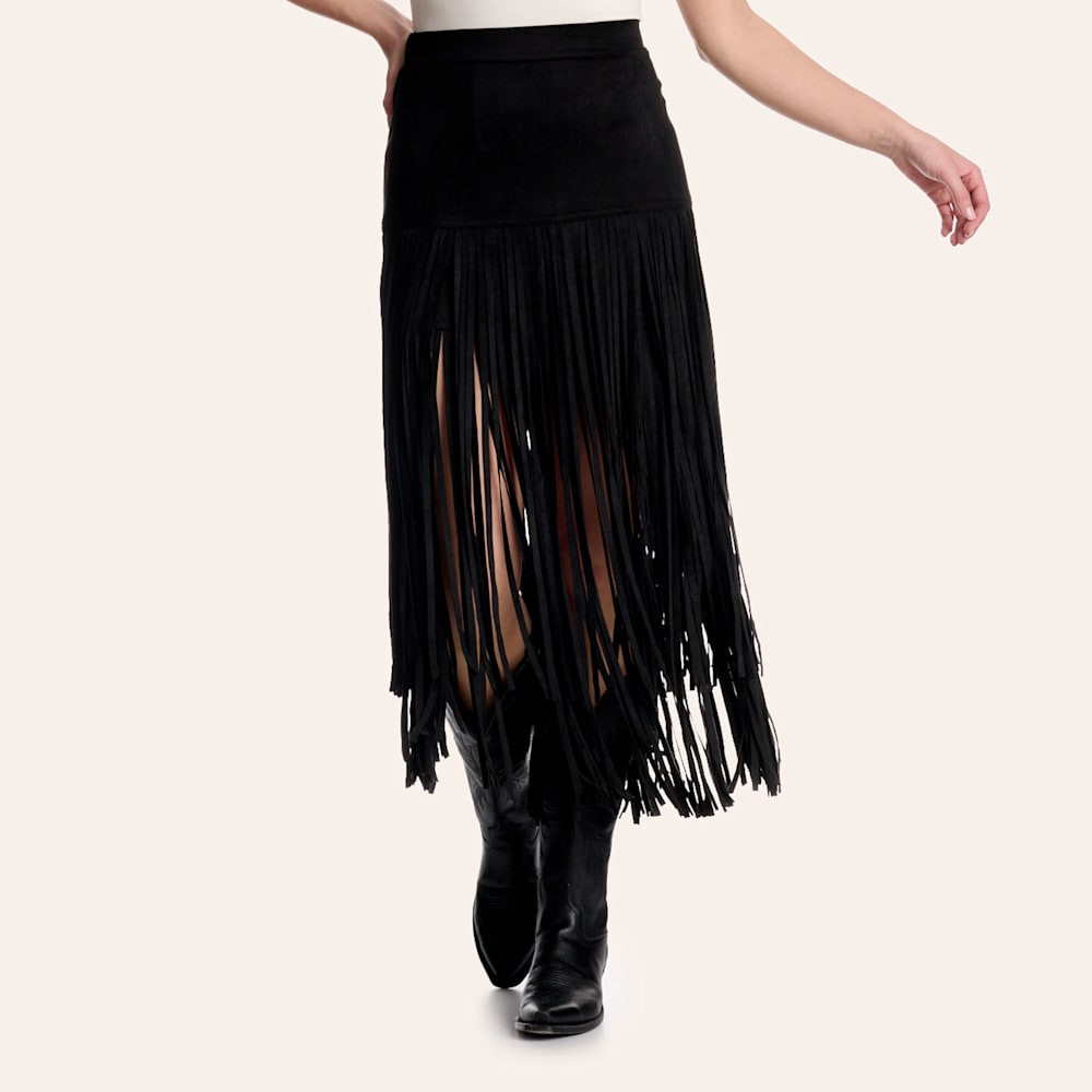 Fashion Express Women's Black Faux Suede Long Fringe Midi Skirt | Cavender's
