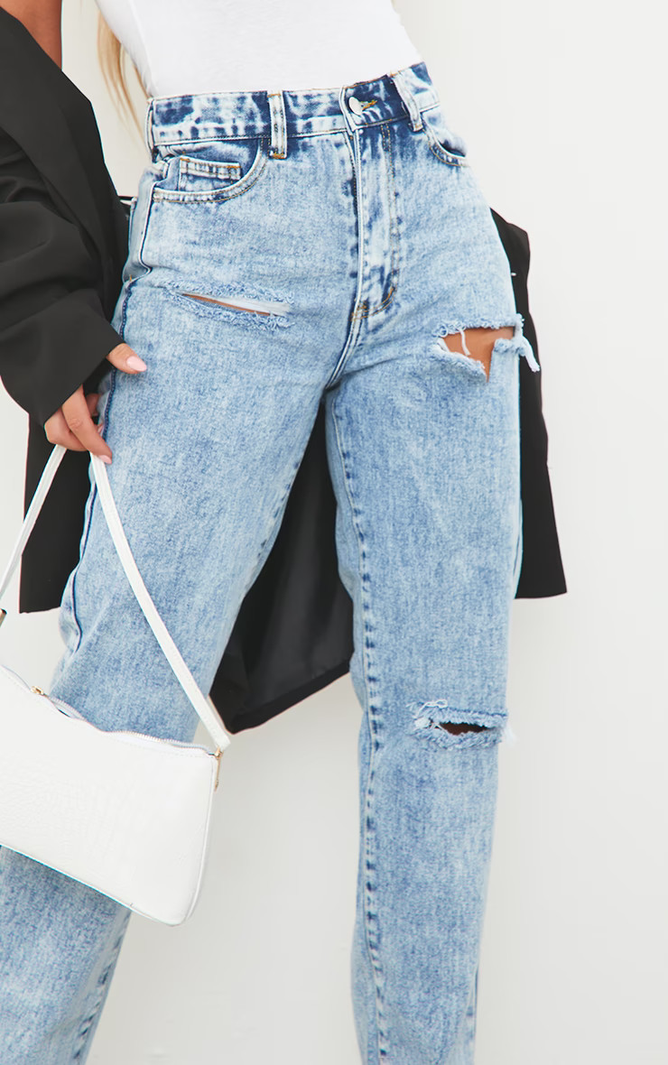 Ice Blue Distress Split Hem Jeans | PrettyLittleThing US