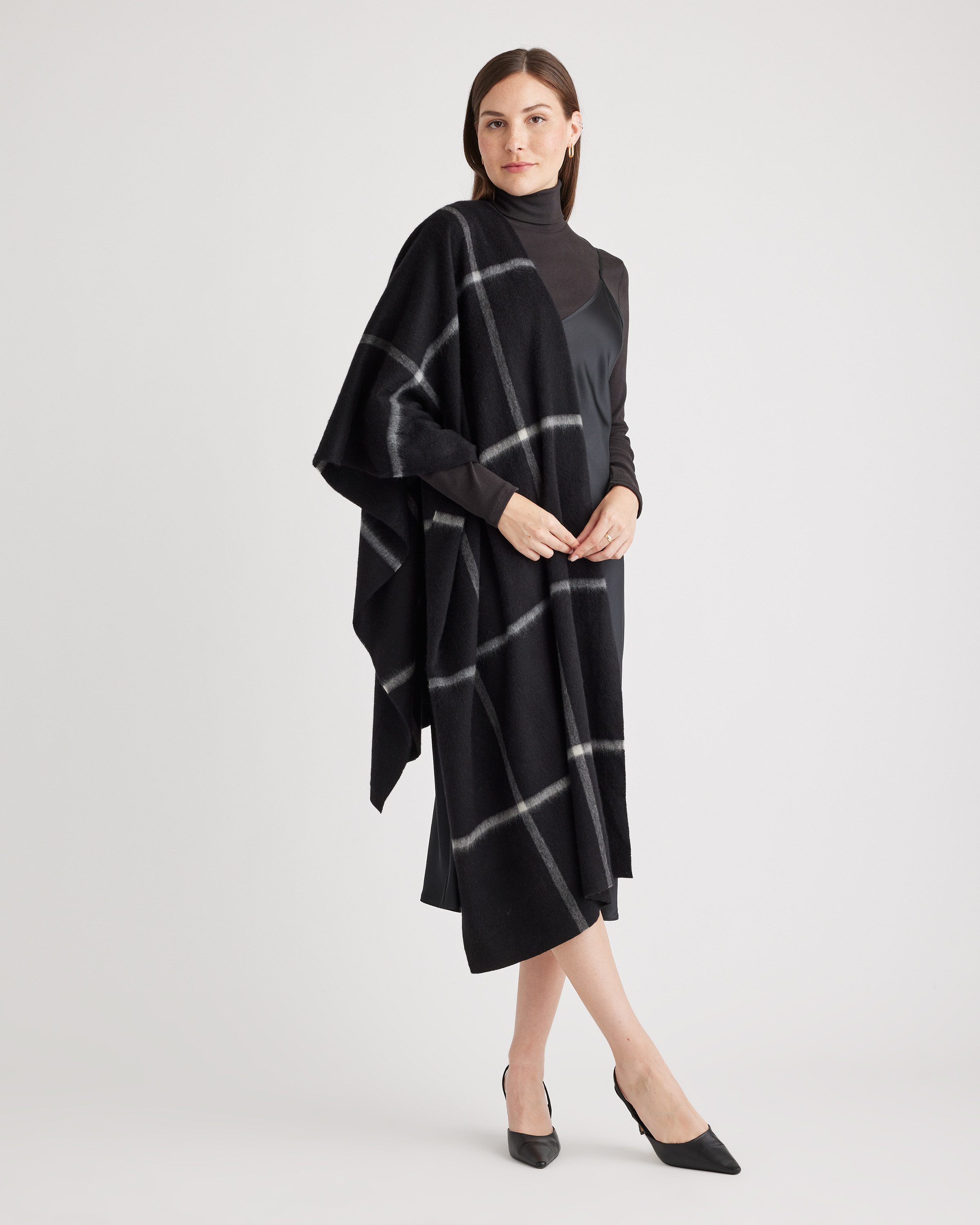 Quince | Women's Mongolian Cashmere Plaid Wrap in Black/Grey/Ivory Plaid | Quince