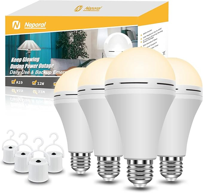 4 Packs Rechargeable Light Bulb, 15W 80W Equivalent 1200mAh Emergency Battery Light Bulb Stay Lig... | Amazon (CA)