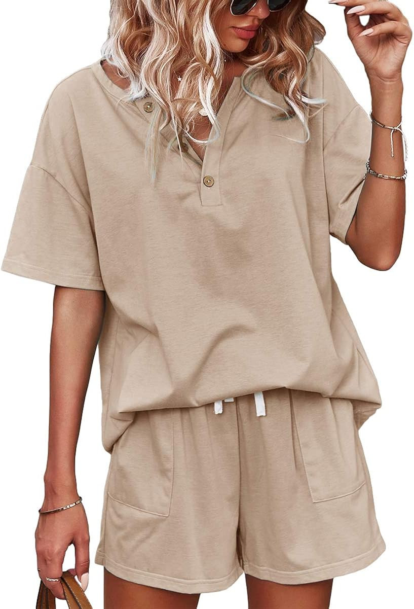 BZB Womens 2 Piece Short Sleeve Sweatsuit Sets V-neck Pullover and Shorts Solid Color Outfits Tra... | Amazon (US)