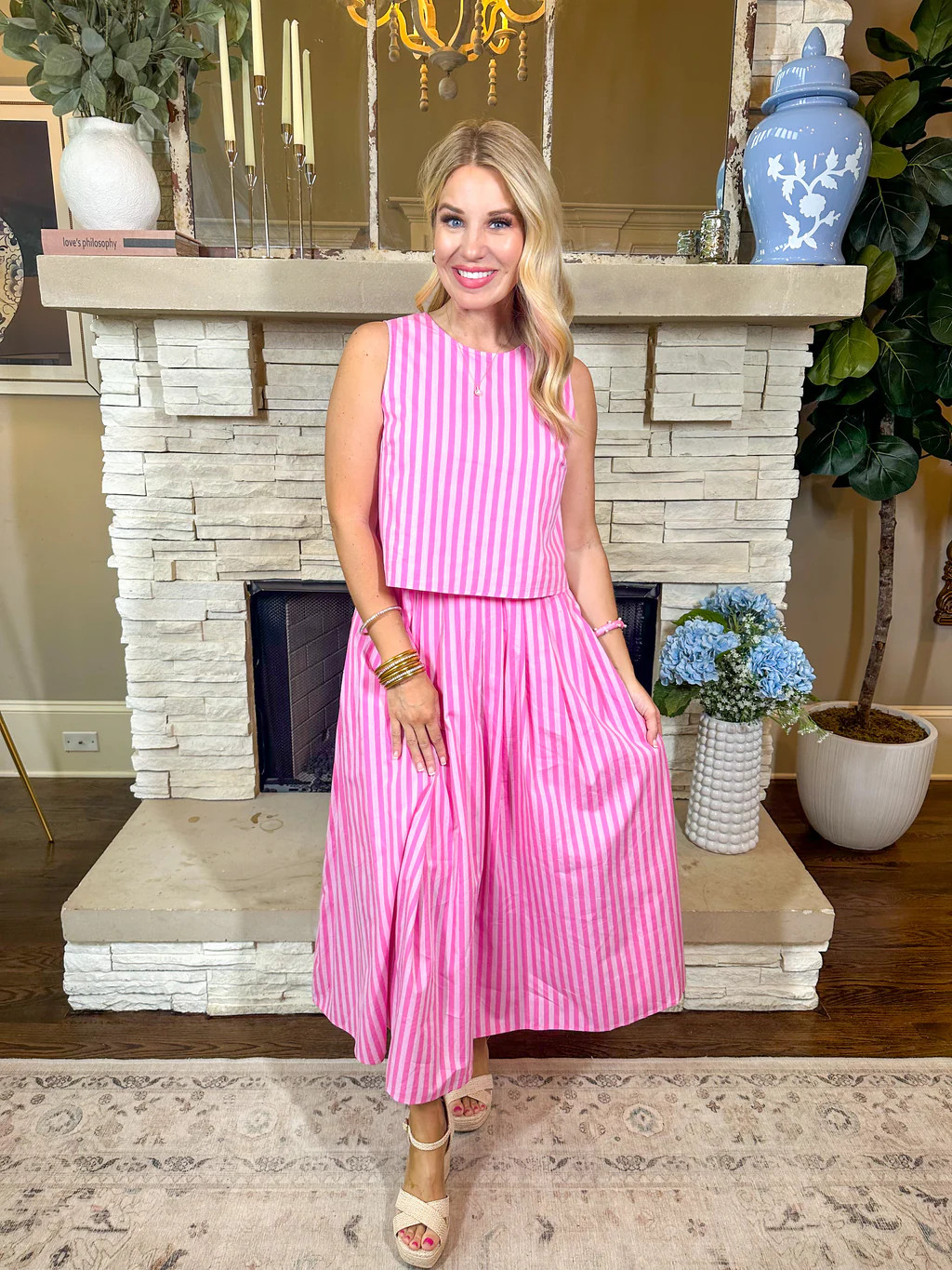 Striped Wooden Button Back Top & Midi Skirt Set in Pink | Jules & James Boutique