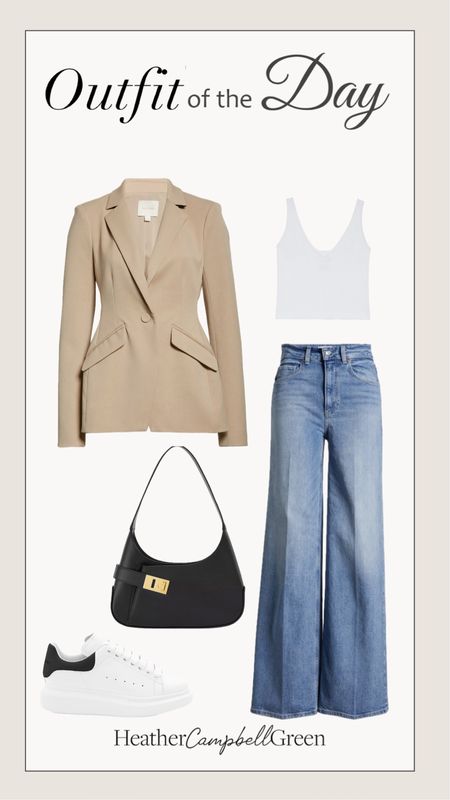 Girls night out outfit inspiration. Gorgeous neutral blazer, flattering flare leg high waisted jeans, this seasons must have leather shoulder bag, statement elevated sneakers #CelebrityStyle 

#LTKfindsunder100 #LTKstyletip