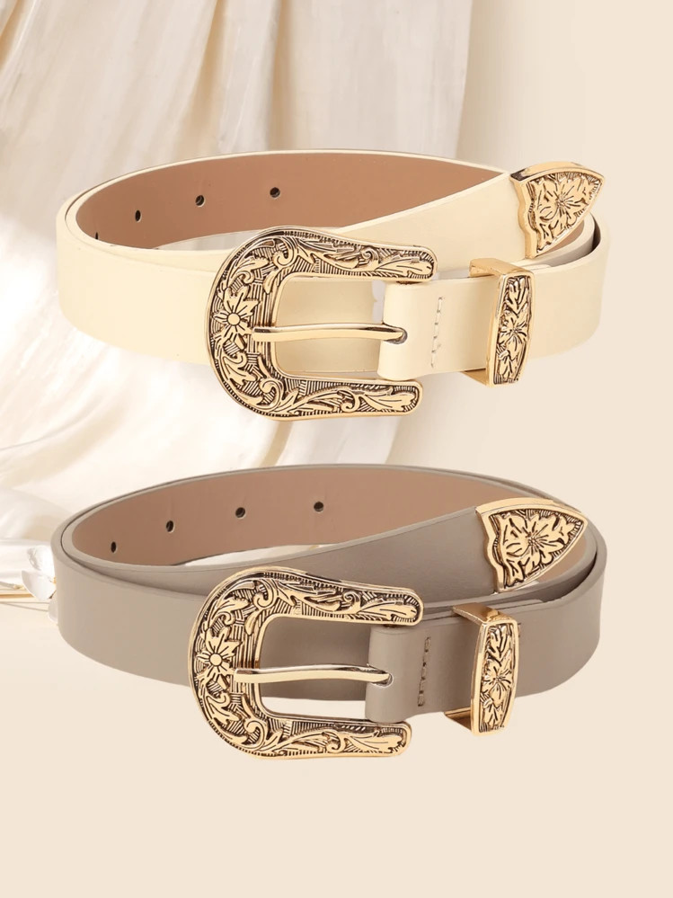 2pcs Western Style Pin Buckle Waist Belt, Fashion Versatile Decorative Leather Belt For Women Summer, School Fall, Autumn, Halloween | SHEIN