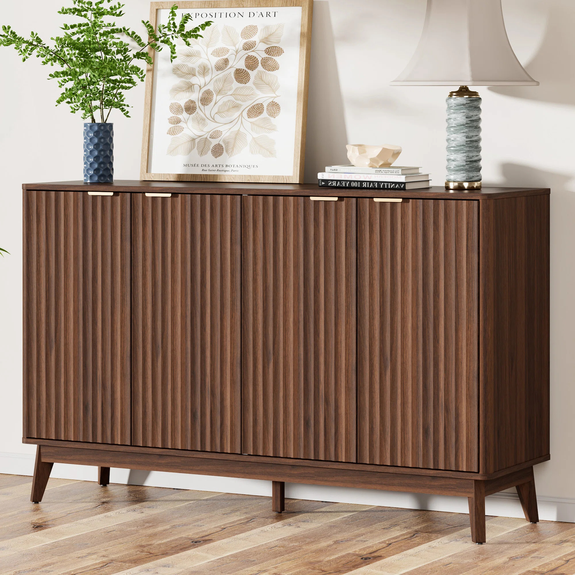 Seyla 55'' Sideboard with Solid Wood Legs & 2 Adjustable Shelves, Four Curved Fluted Door | Wayfair North America