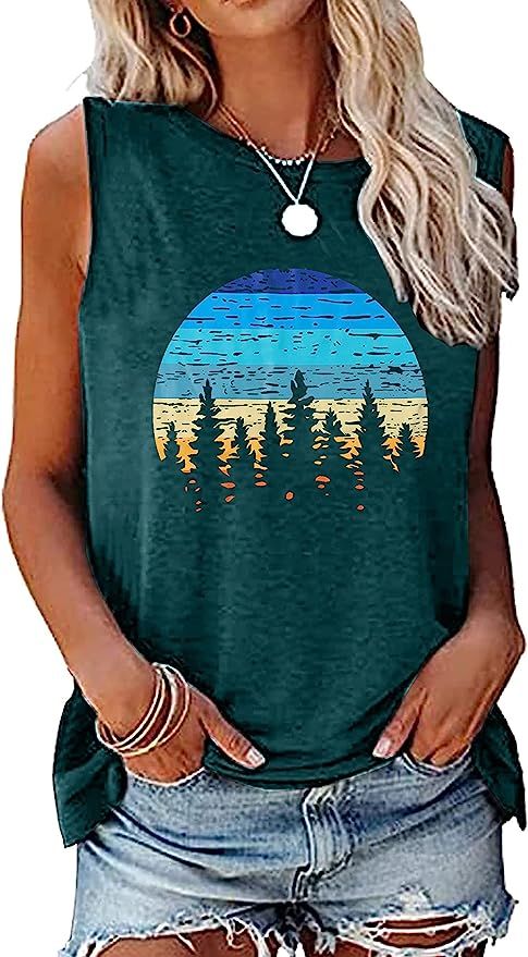 Sunset Tank Tops Women Pine Tree Retro Sun Tank Top Camping Shirts Vintage Graphic Tops Summer Sl... | Amazon (US)