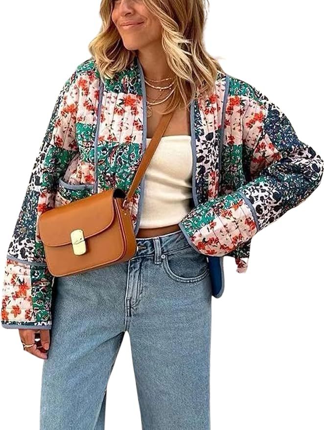 Omoone Women's Cropped Floral Quilted Jacket Cardigan Printed Lightweight Open Front Padded Puffe... | Amazon (US)