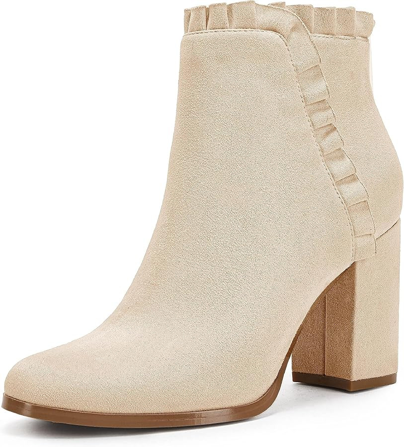 Ermonn Womens Chunky Block Heel Ankle Boots Faux Suede Ruffle Fall Winter Western Booties | Amazon (US)