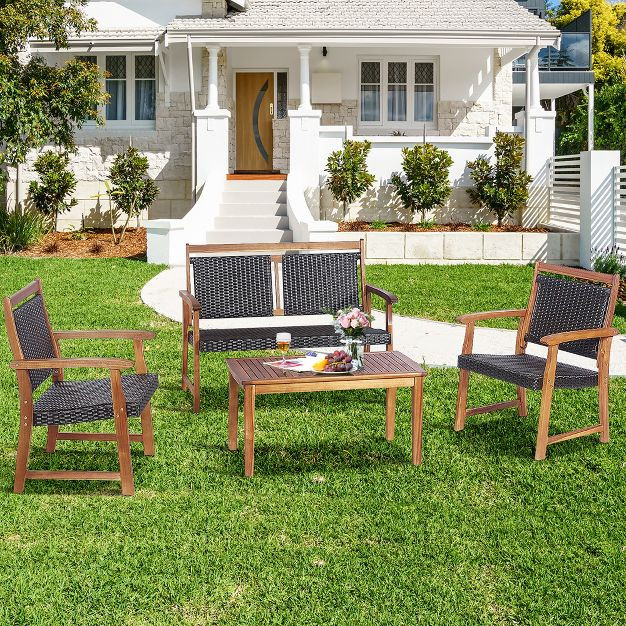 Costway 4 PCS Patio Rattan Furniture Set Acacia Wood Frame Sofa Loveseat Garden | Target