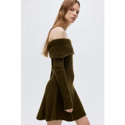 H&M Rib-knit Off-the-shoulder Dress in Dark Khaki Green at Nordstrom, Size Xx-Small | Nordstrom