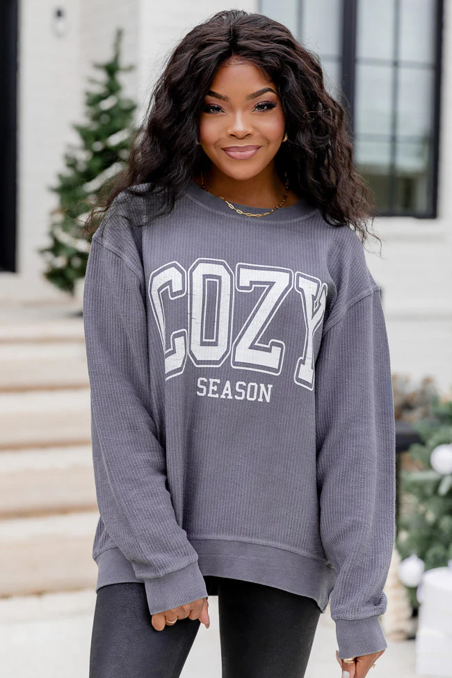 Cozy Season Charcoal Corded Graphic Sweatshirt FINAL SALE | Pink Lily