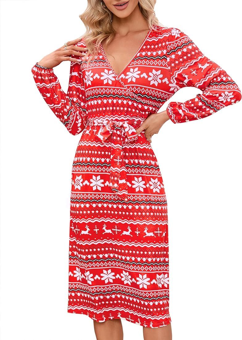 MISSKY Women's Cross V-Neck Slim Knee Length Swing Elegant Casual Christmas Printed Dress | Amazon (US)