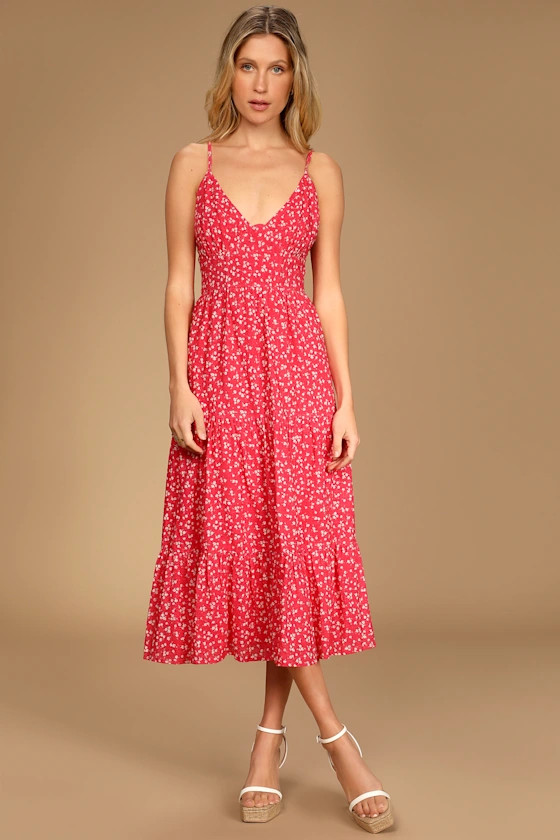 Bliss Abound Red Floral Print Tiered Midi Dress | Lulus (US)