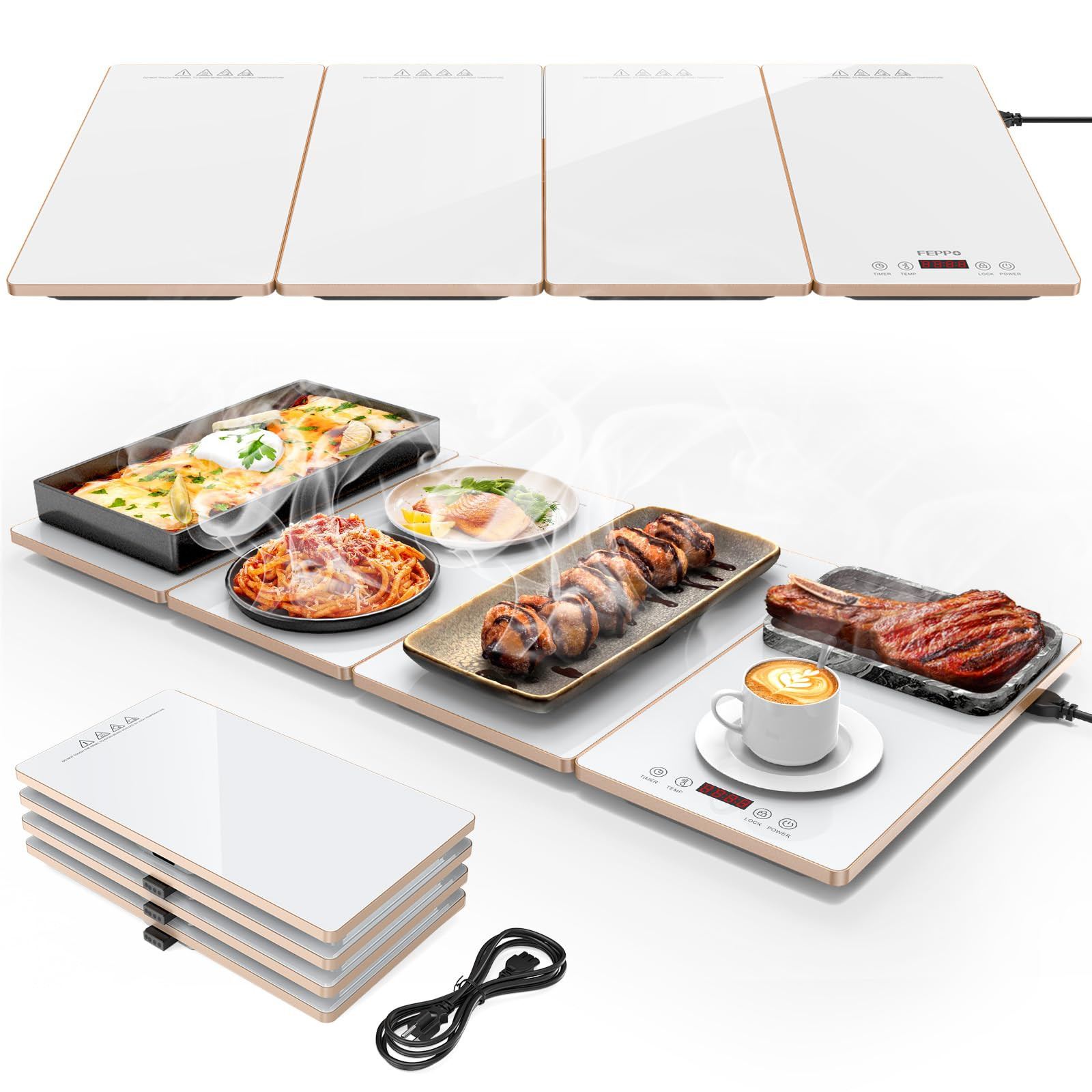 FEPPO Food Warmers for Parties Buffet – 4-in-1 Electric Warming Tray for Food with 10 Temp Settings & Timer, 33"x15" Glass Surface, Modular Buffet Hot Plates for Catering & Gatherings | Amazon (US)