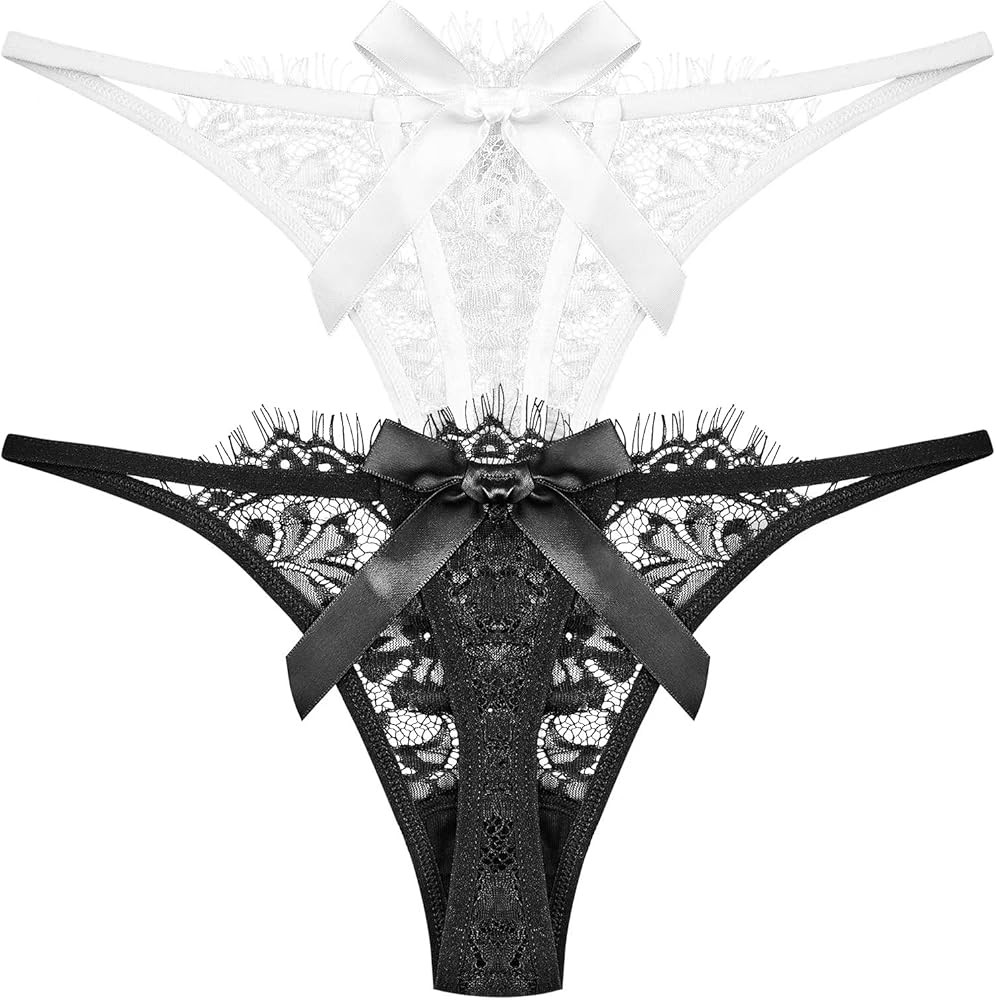 khuteluk Thongs for Womens Underwear - Lace Panties with Bow,Low Rise G String Breathable Cotton ... | Amazon (US)