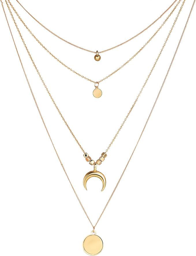 14k Gold Coin Moon Pendant Necklace Multilayer Chain Layered Necklace Choker Long Tassel Necklace... | Amazon (US)