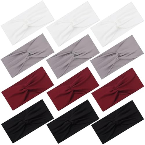 12 Pcs Stretchy Headbands for Women, Absorbed Sport Headband Soft Twist Knotted Hairbands for Daily Life Yoga Workout(Black/Grey/White/Red) | Amazon (US)