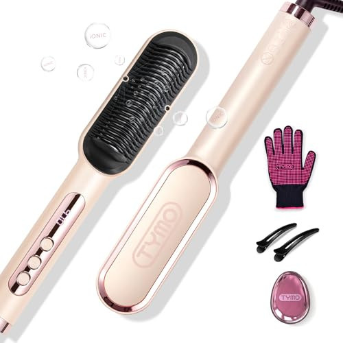 TYMO Ring Plus Ionic Hair Straightener Brush - Straightening Comb with Negative Ions for Women, Titanium Coating, 9 Temp Settings & LED Display, Dual Voltage, Professional Styling Tools, Gold Blush | Amazon (US)