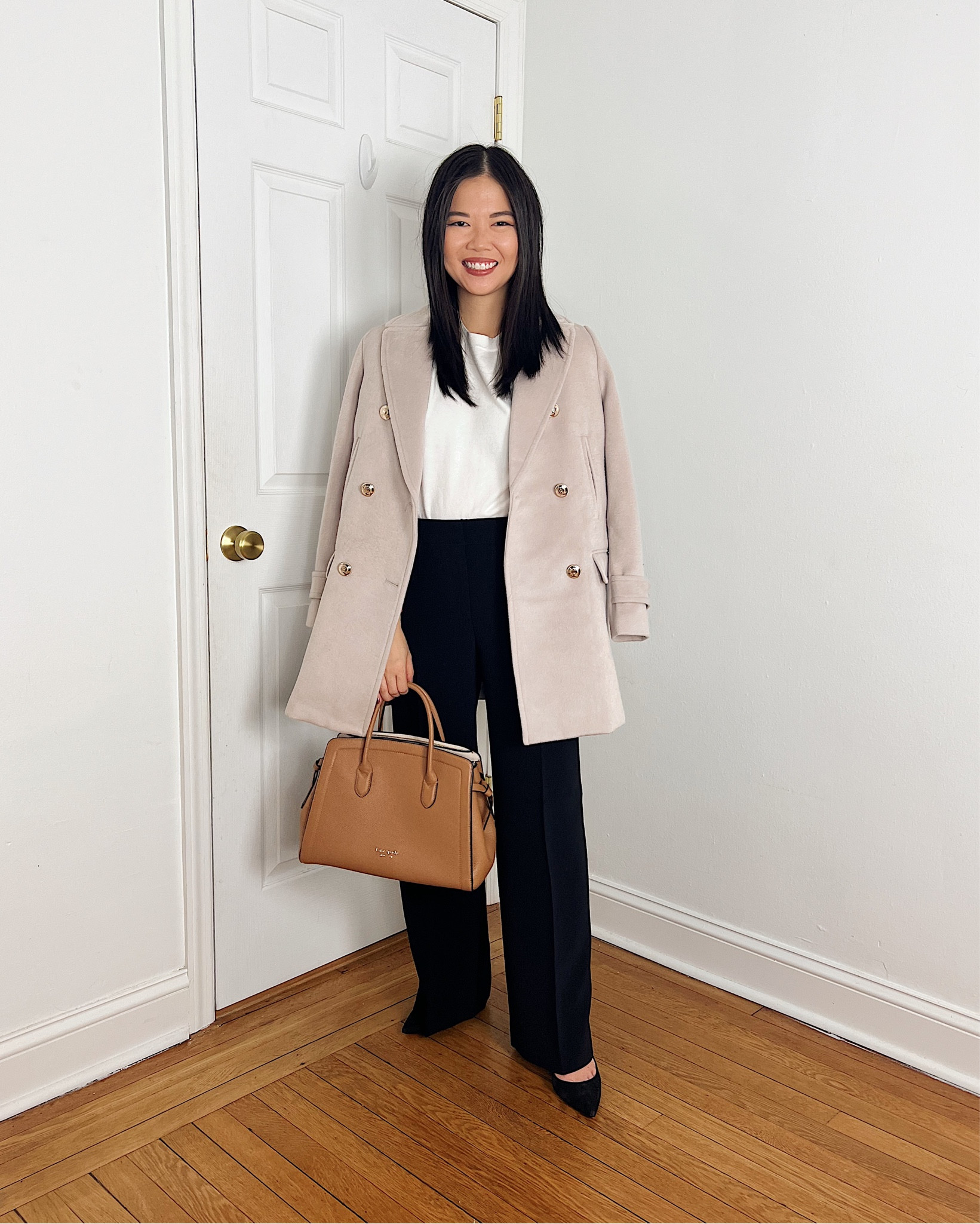 Light beige coat (XSP)
White sweater (XS)
Black pants (4P)
Black wide leg pants
Tan tote bag
Kate Spade Knott satchel
Black pumps (TTS)
Business casual outfit
Winter work outfit
Ann Taylor outfit

#LTKworkwear #LTKfindsunder100 #LTKSeasonal