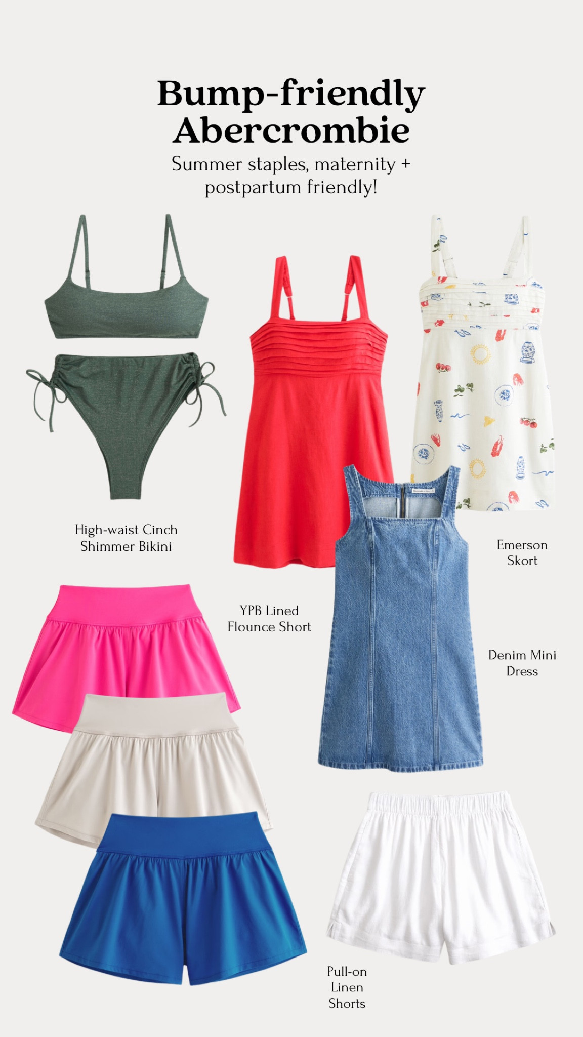 Abercrombie summer favorites, bump-friendly, maternity friendly + great for postpartum! 🤰🏻✨

I’m 28 weeks pregnant, typically size 8 and ordered a size large in everything, except the denim mini dress!