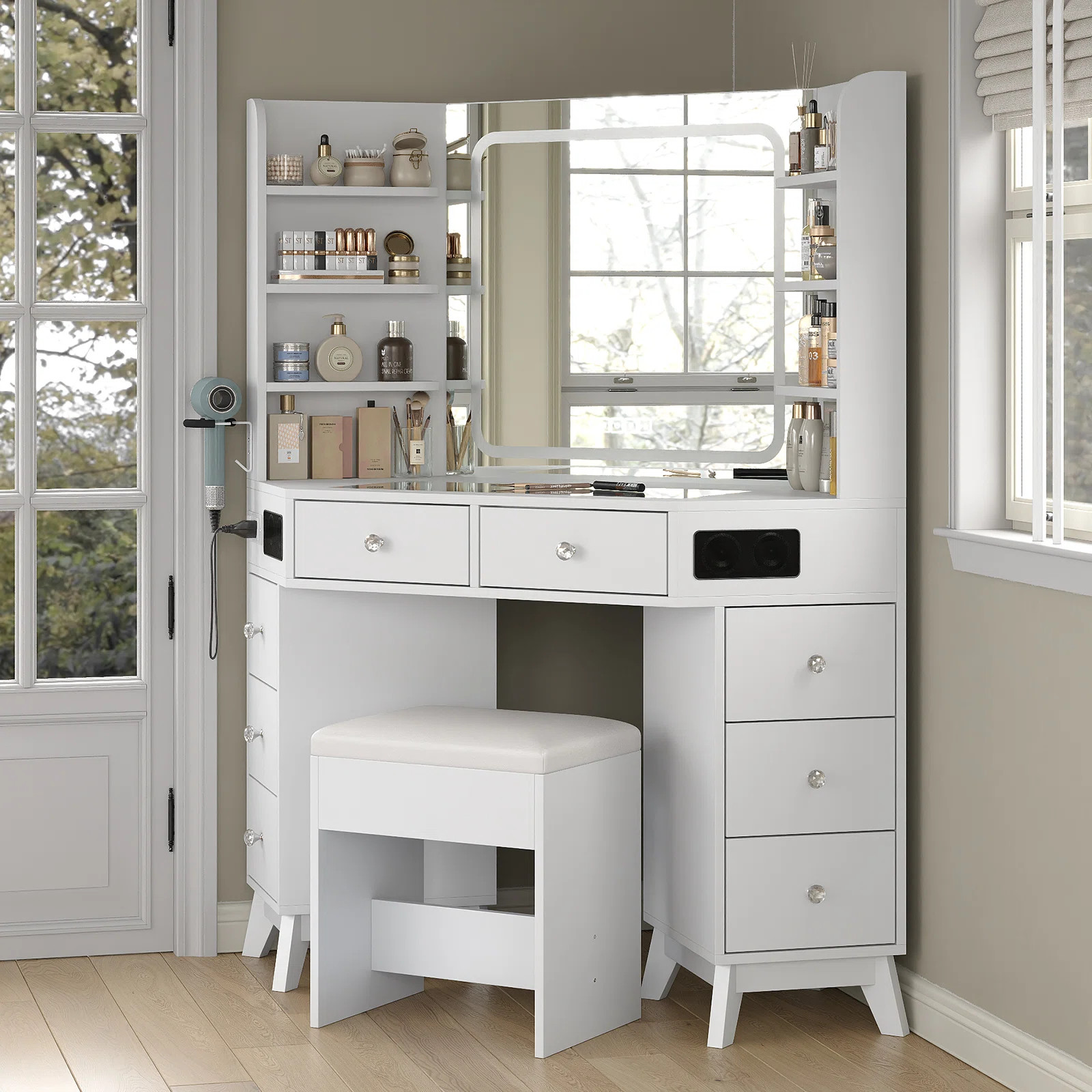 Corner Jamair Desk With Bluetooth Speaker, Modern Makeup Jamair With Mirror And Lights, 3 Color L... | Wayfair North America